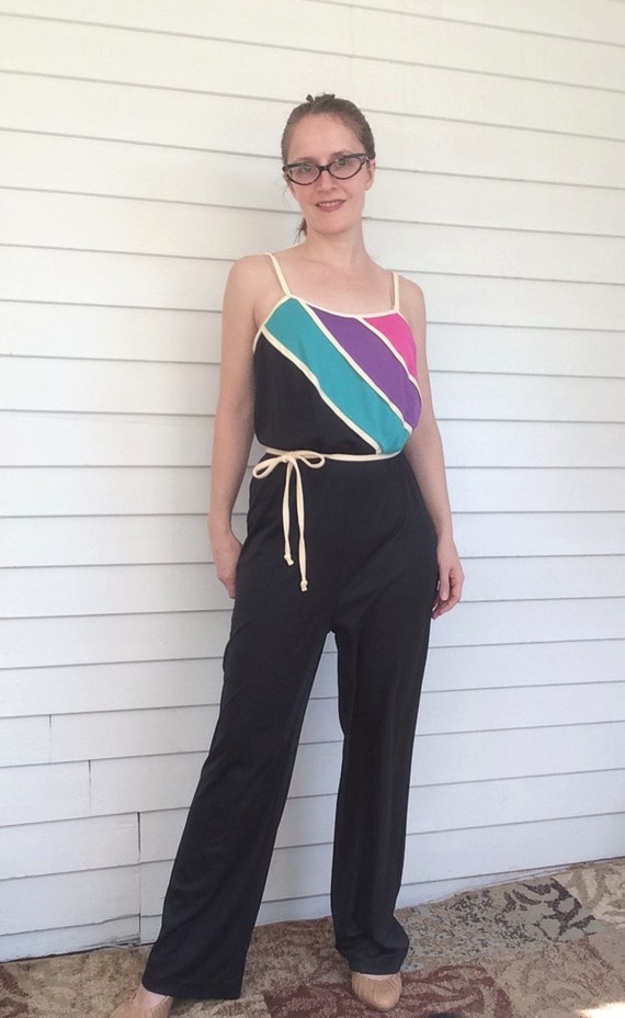 Black Striped Jumpsuit 70s Wide Leg S Chevron - image 2