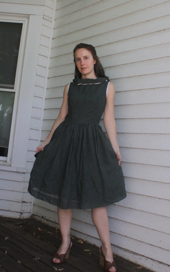 50s Dark Green Dress Polka Dot Print Sleeveless V… - image 8