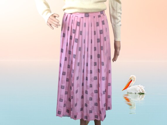 80s Pleated Pink Print Skirt Long Midi M Breckenr… - image 2