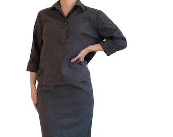 Vintage 60s Career Skirt Set Wool Gray Day Outfit XS S