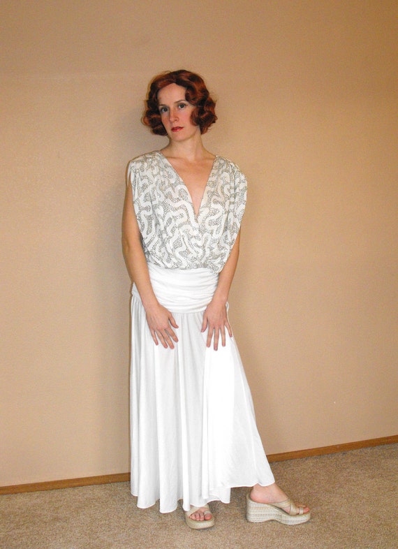 80s White Sequin Dress Old Hollywood Gown Wedding… - image 3