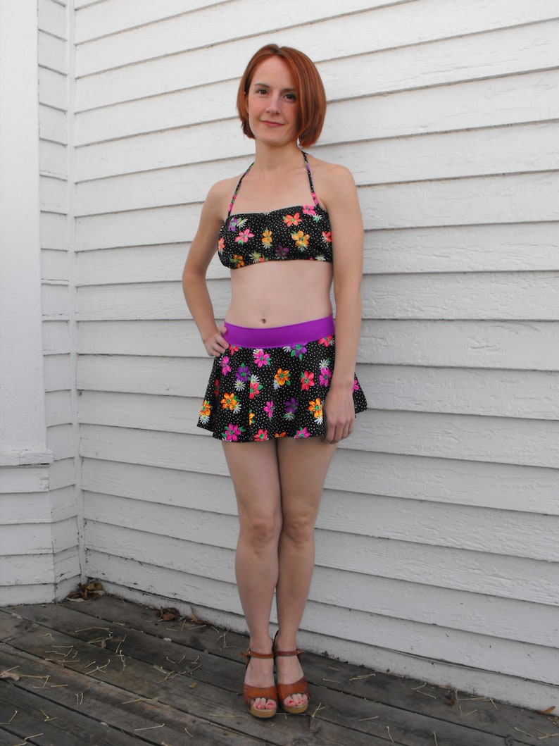 80s Swimsuit Floral Black Polka Dot Two Piece Skirted Bathing Etsy