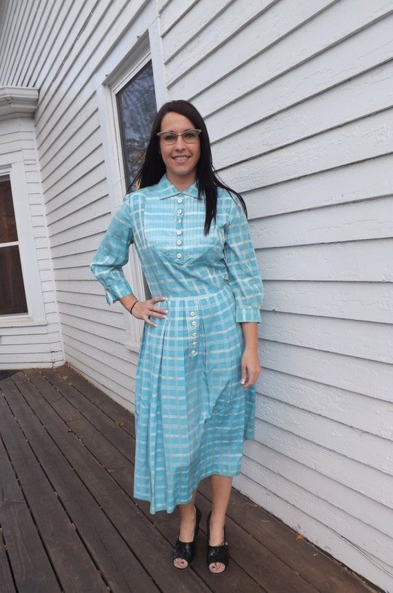50s Blue Plaid Dress Print 1950s Vintage Toni Todd