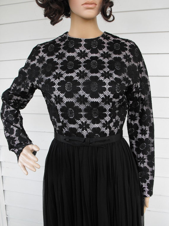 60s Black Floral Lace Dress Party Pleated Long Sl… - image 4