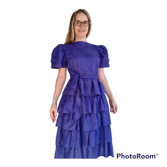 80s Blue Polka Dot Dress Tiered Short Sleeve XS - image 3