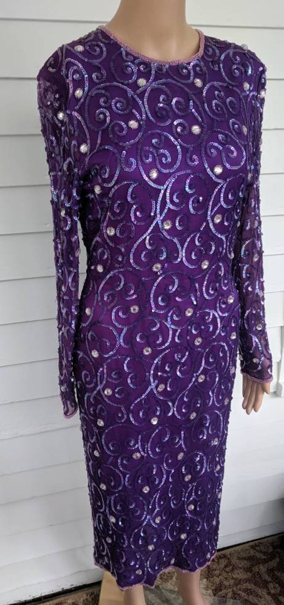 80s Purple Sequin Beaded Dress Cocktail Party For… - image 6