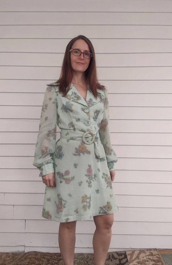 70s Floral Print Mini Dress Long Sleeve Vintage Yo