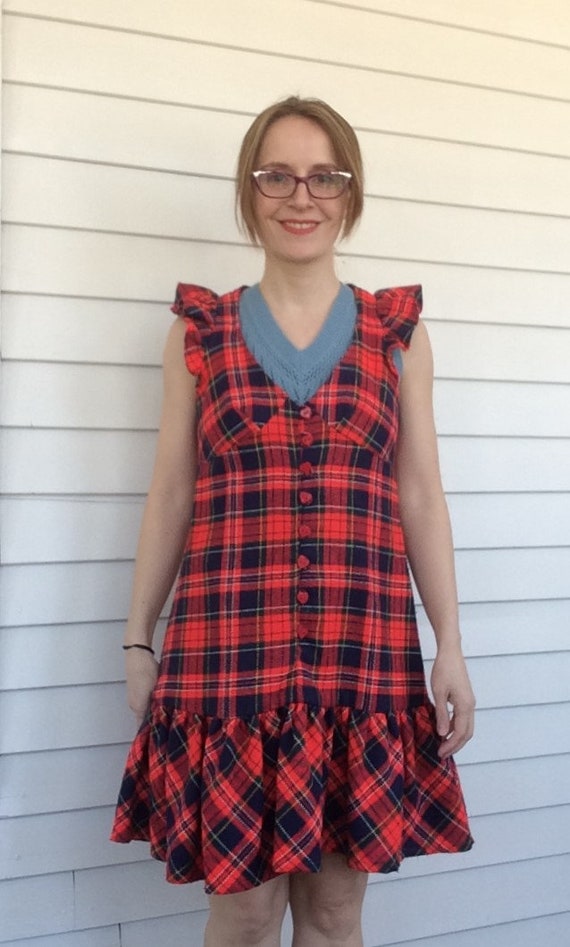 Plaid Mod Mini Dress 60s Red Ruffle Heart Buttons… - image 4