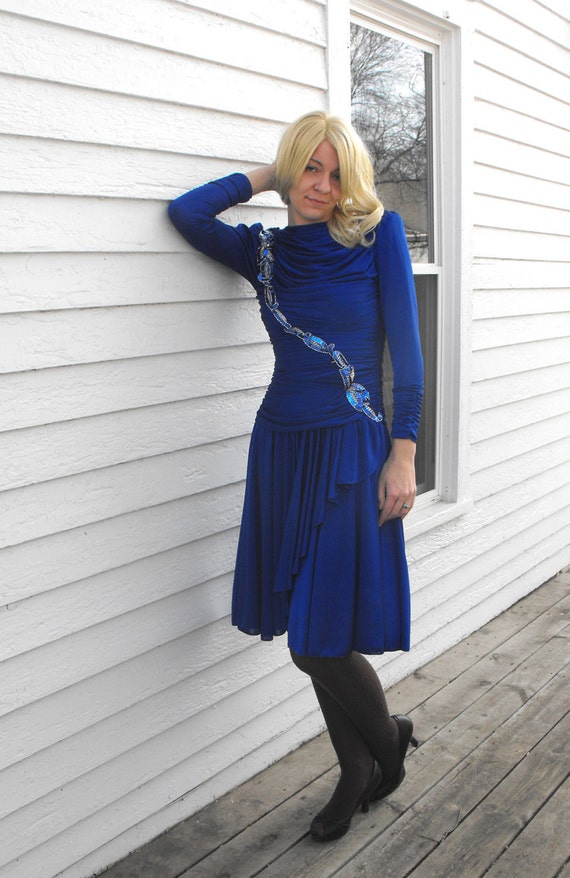 Blue Sequin Dress Beaded Vintage 80s XS Figure Sk… - image 3