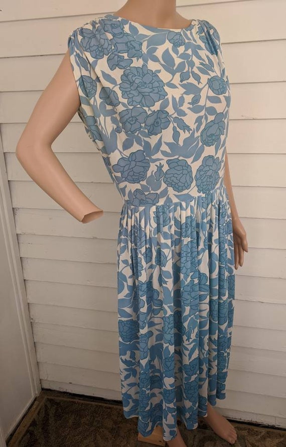 50s Floral Print Dress Blue White Vintage M L 38 … - image 5