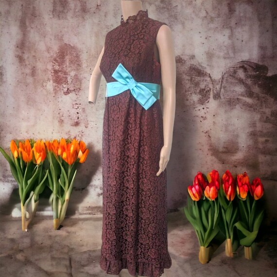 60s Brown Lace Gown Vintage Party Dress Cocktail … - image 1