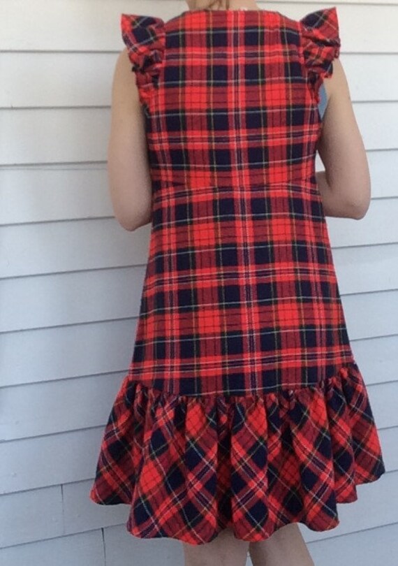 Plaid Mod Mini Dress 60s Red Ruffle Heart Buttons… - image 7