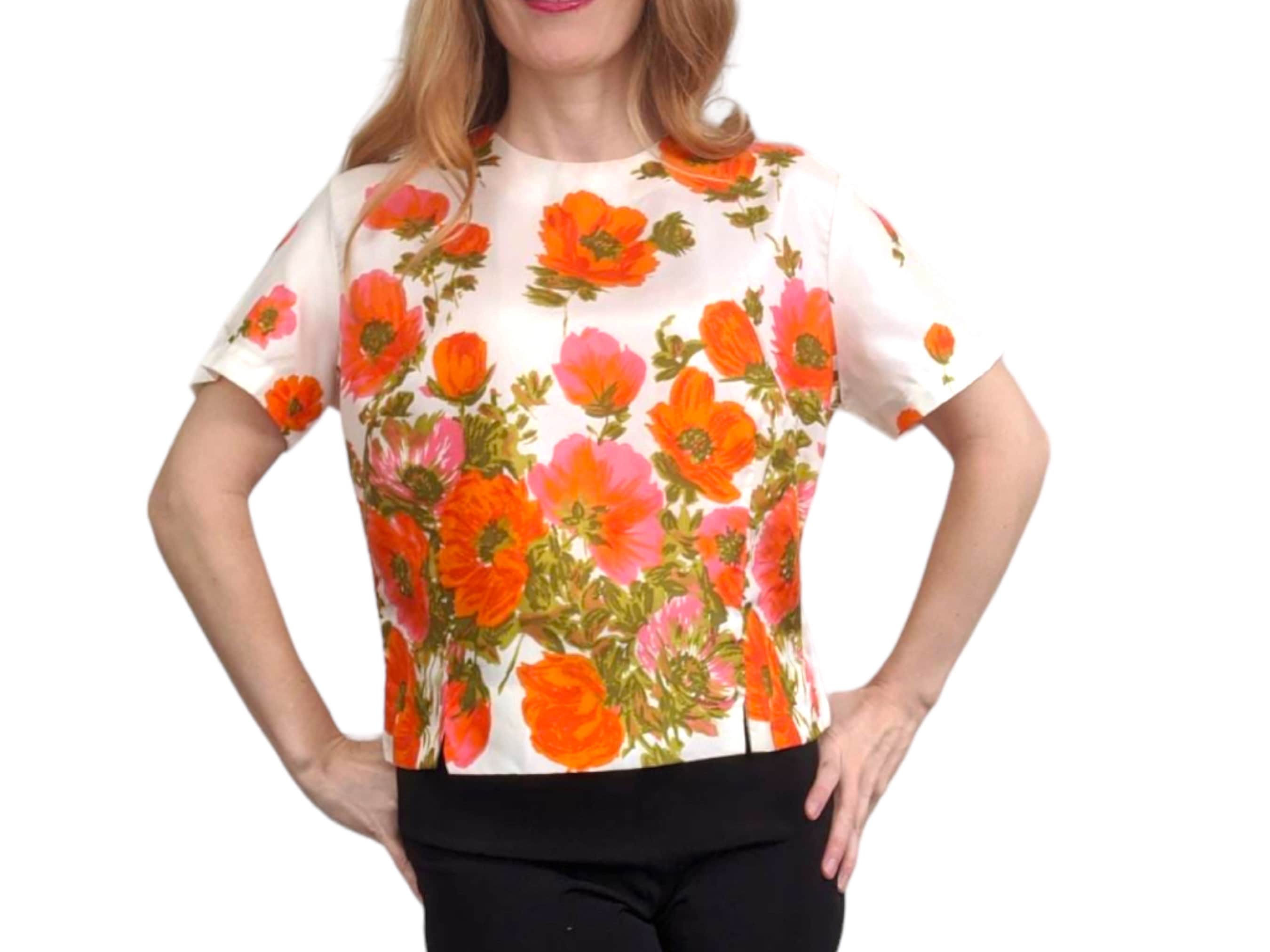 60s Orange Floral Blouse Button Back Top Vibrant Vintage S M