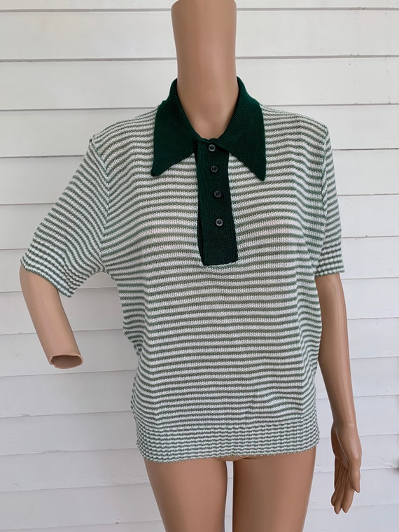 70s Green Striped Top Shirt Sage Sheer Knit L Cas… - image 1