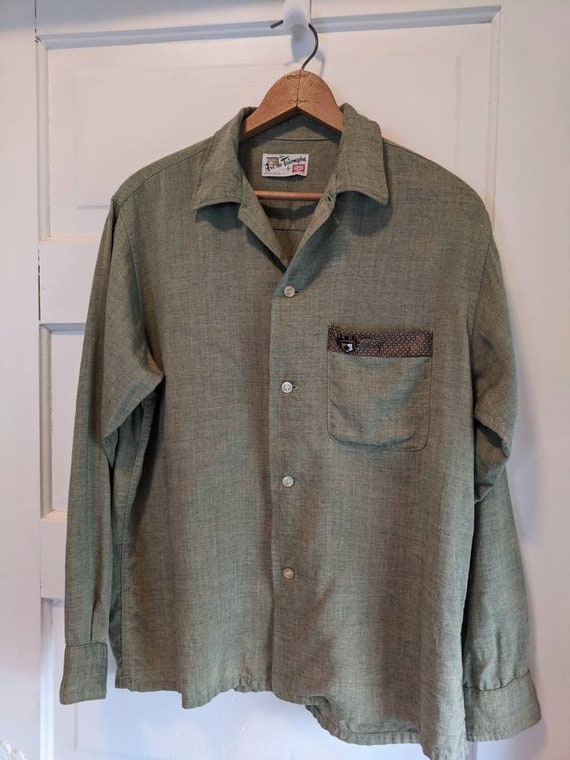 50s Shirt Arc de Triomphe Mens Olive Green Long Sleeve M | Etsy