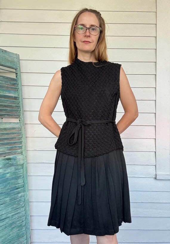 60s Black Dress Sleeveless Pleated Textured Sears Vintage S