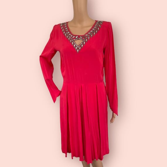 Vintage 40s Beaded Dress Pink Shortened Prong Rhi… - image 1