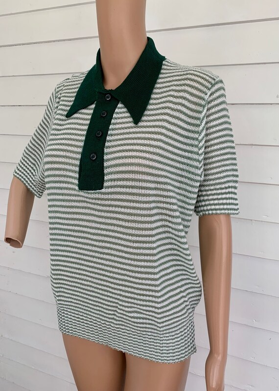 70s Green Striped Top Shirt Sage Sheer Knit L Cas… - image 4