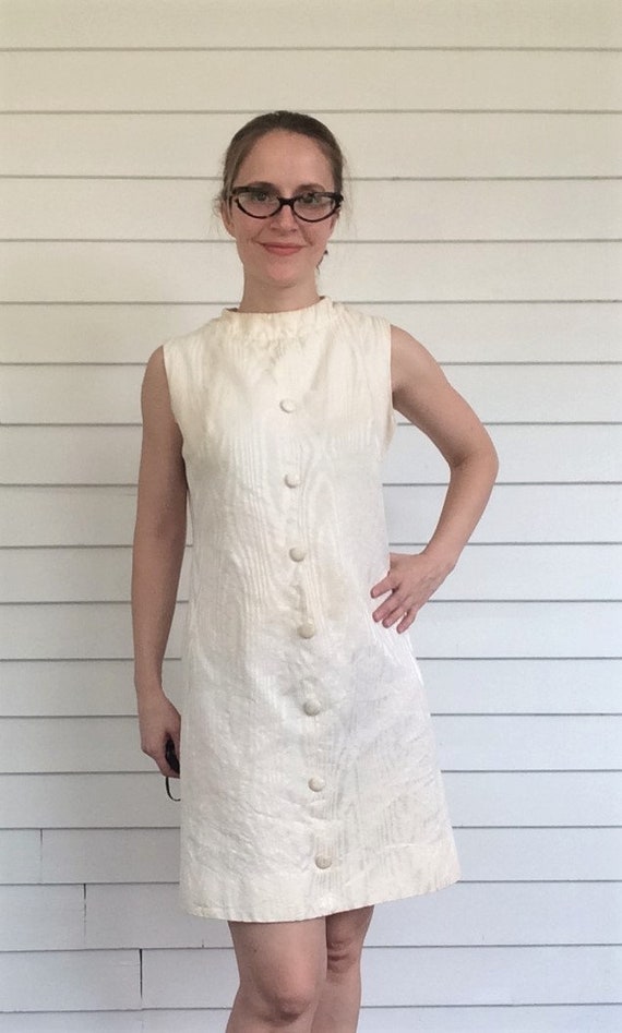 60s Party Dress Ivory Moire Sleeveless Vintage S