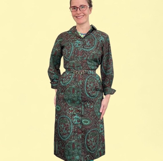 50s Dark Green Print Dress Vintage 1950s Cotton Lined S