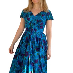 Vintage 50s Floral Dress Blue Print Summer Fit Flare XS