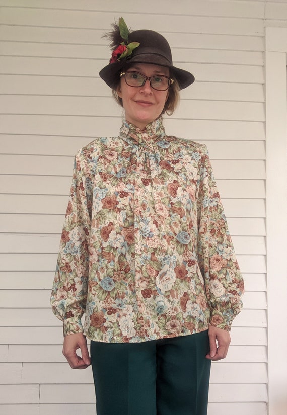 80s Floral Blouse High Neck Long Sleeve S M - image 5