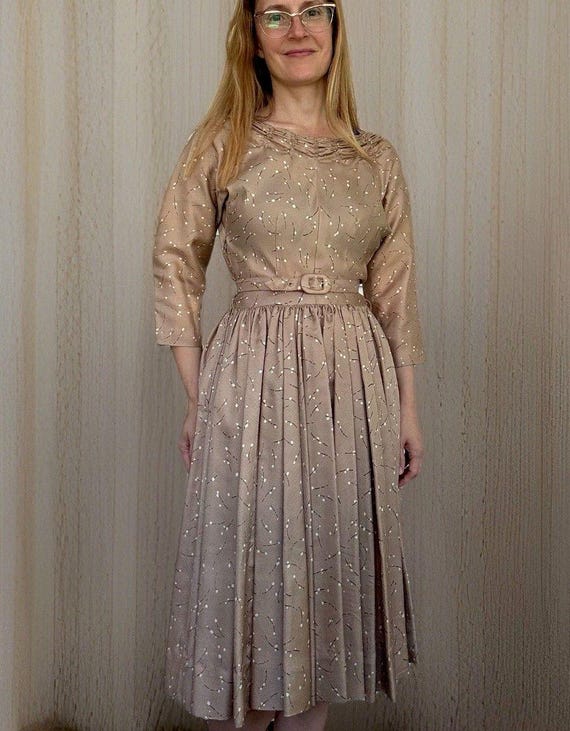Vintage 50s Party Dress Gold Holiday Christmas 32 26 XS
