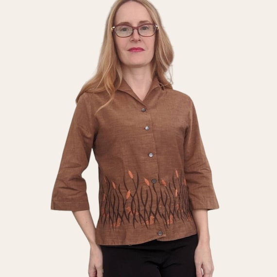 60s Embroidered Blouse Brown Cattails Ducks Vinta… - image 2