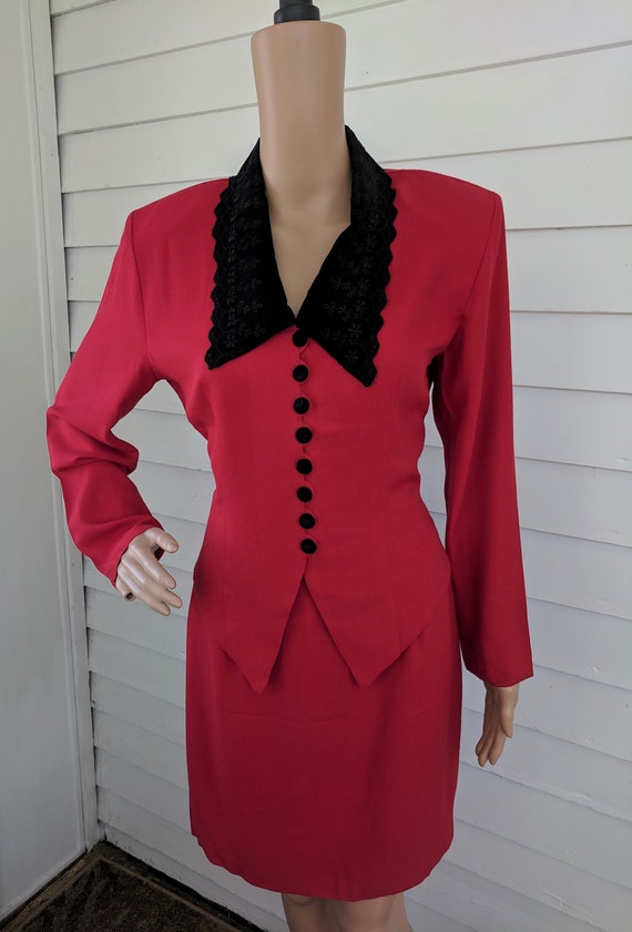 80s Red Jacket and Skirt Black Collar 1980s S XS Vintage | Etsy