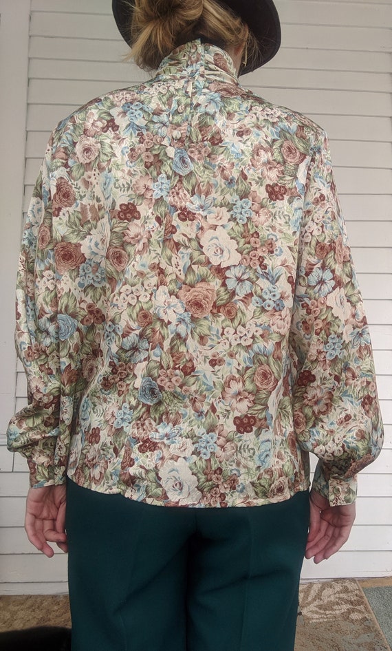 80s Floral Blouse High Neck Long Sleeve S M - image 4