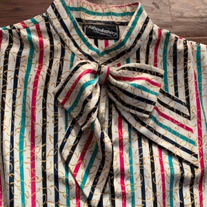 Vintage 70s Striped Neck Bow Blouse Haberdashery Petite S M