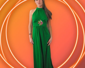70s Open Back Maxi Dress Green Sequin Fish Disco Mod Long Vintage XS S