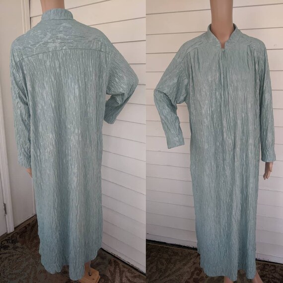 90s Seafoam Dress Green Blue Crinkle Zip Down Hou… - image 2