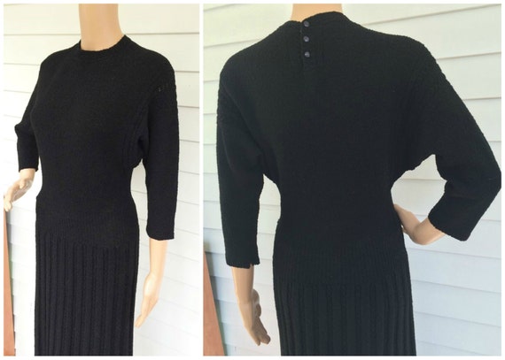 40s Black Knit Dress 1940s Vintage Long Sweater Wo