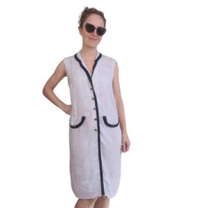 60s Linen Stripe Dress Casual Sleeveless Vintage S 34 Bust
