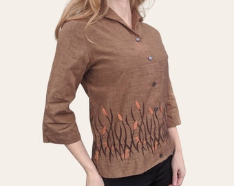 60s Embroidered Blouse Brown Cattails Ducks Vintage Ship n Shore S