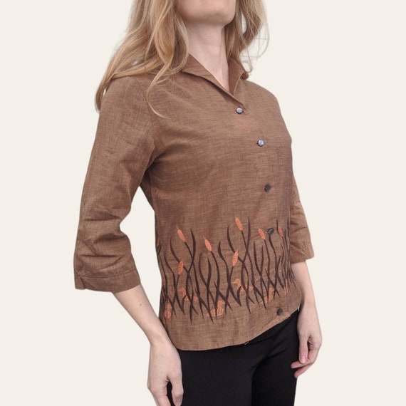 60s Embroidered Blouse Brown Cattails Ducks Vinta… - image 1