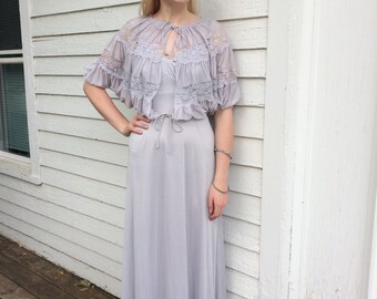 70s Maxi Dress Lace Dolman Shrug XS S Reflections New Old Stock