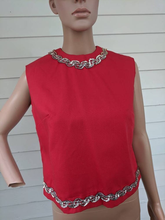 60s Red Blouse Sleeveless Sequin Vintage Shell S - image 3