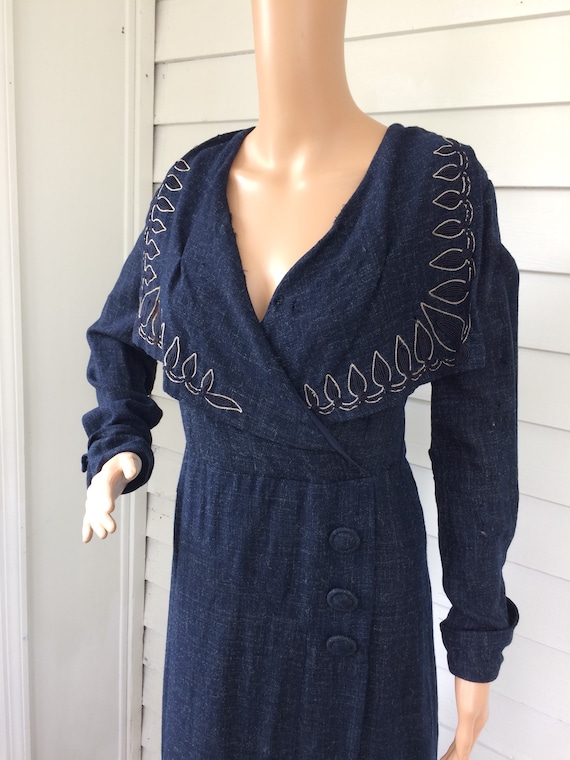 Vintage 30s Dark Blue Dress Large Collar NRA Eagle