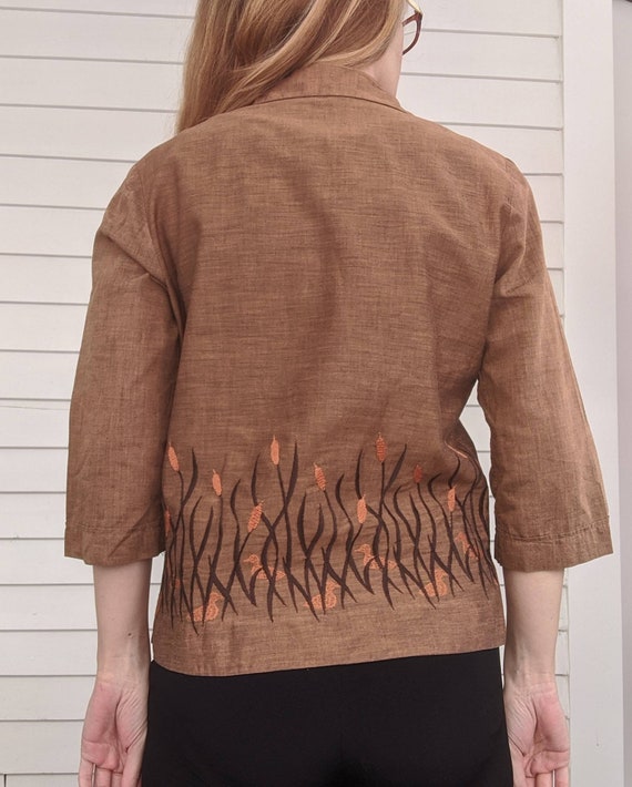 60s Embroidered Blouse Brown Cattails Ducks Vinta… - image 9