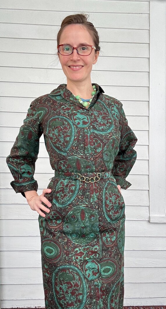 50s Dark Green Print Dress Vintage 1950s Cotton Lined S