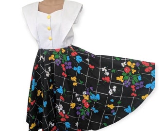 80s Novelty Print Dress Chalkboard Floral Retro Circle Skirt White Black 12