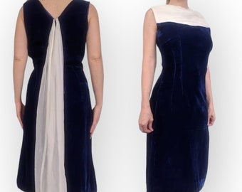 Abito da festa in velluto blu in chiffon anni '60 senza maniche XS