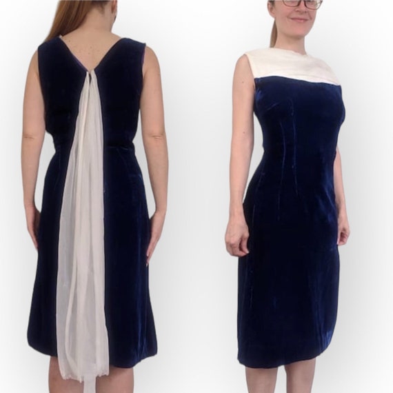 Blue Velvet Party Dress Chiffon 60s Sleeveless XS - image 1
