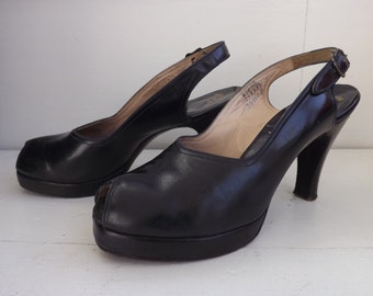 40s Platform Peeptoe Slingback Heels Palter DeLiso Shoes 6 1/2 AA Dark Blue Vintage 1940s