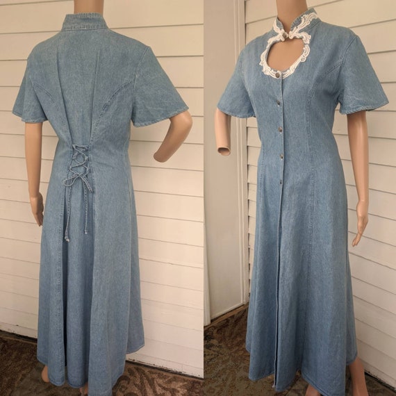 80s Denim Choker Dress Country Western Cutout Max… - image 2