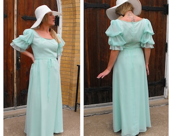 70s Pale Green Seafoam Formal Gown Vintage Bianchi Dress Chiffon S
