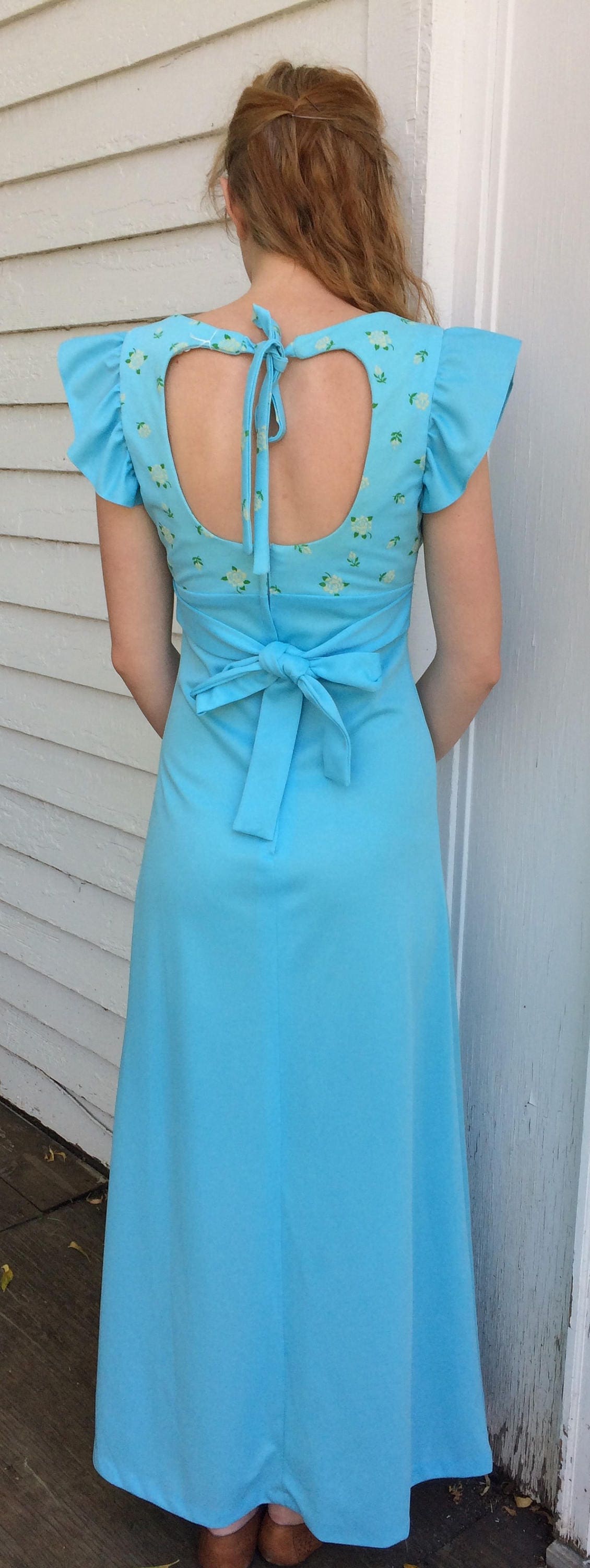 Blue Floral Maxi Dress Open Back 70s Vintage S Etsy