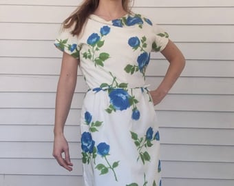 50s Floral Dress White Blue Garden Print Spring Summer Henry Lee S